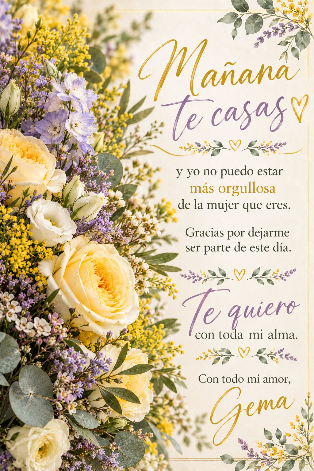 Pergamino personalizado, diseño Rosas amarillas y lavanda