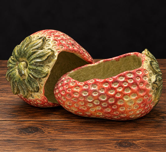 Fresa decorativa de cemento pintada a mano, en rojo con hojas verdes, sobre mesa de madera