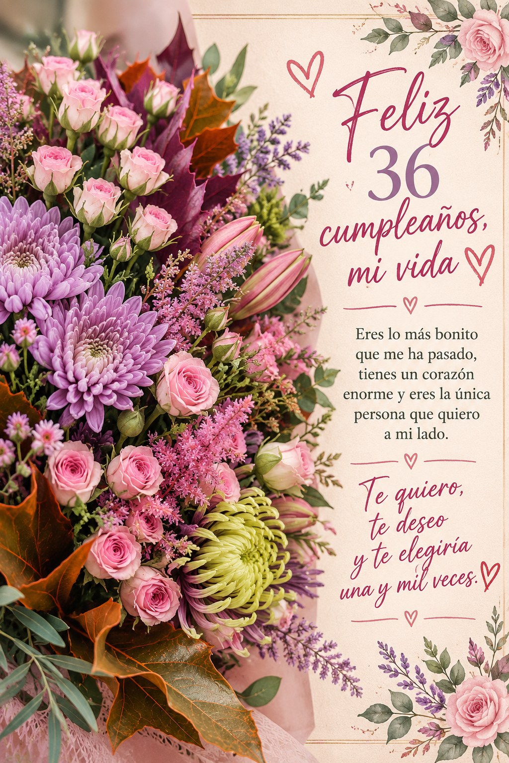 Pergamino personalizado, diseño Ramo rosa y lila